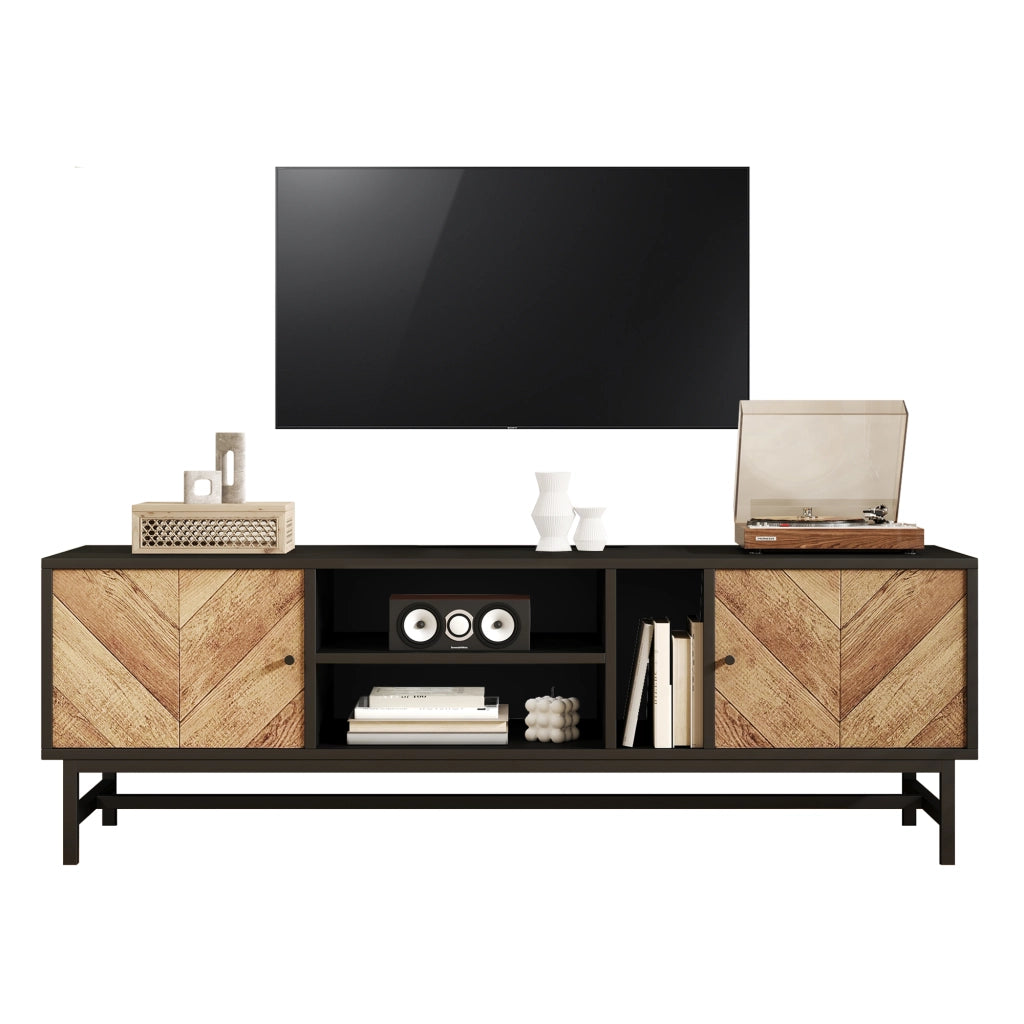 Mobile TV 150 cm - Zephmum- Nero e legno, design contrasto, stoccaggio versatile