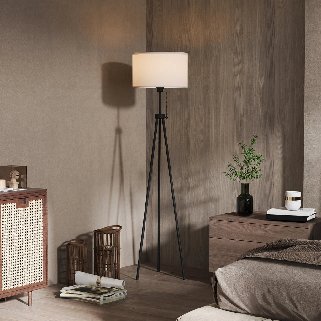 Lampada da Terra con Tripode in Metallo e Paralume in Tessuto ¨C Minimal ¨C ?37x152 cm
