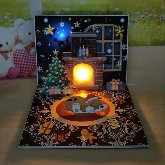 Festa di Capodanno, Natale, proiezione magnetica della fiamma di un camino, musica per anziani, cartoline 4D stereoscopiche, musica natalizia di un cane e proiezione di luce.