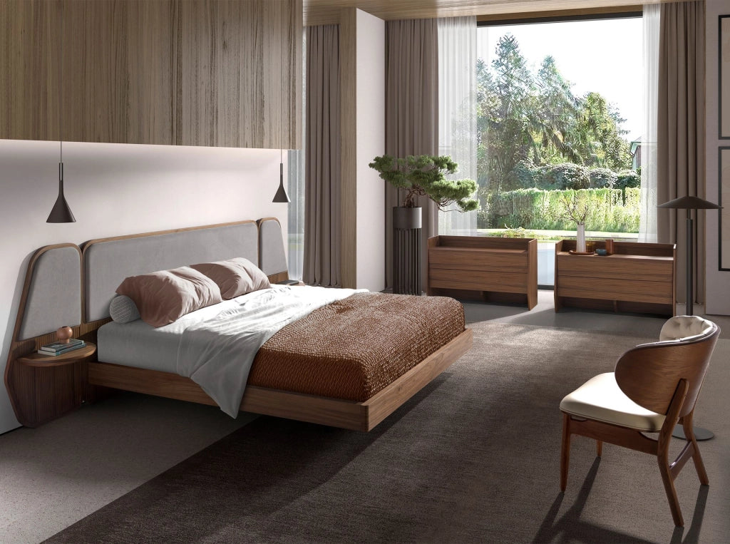 Letto in noce e tessuto grigio