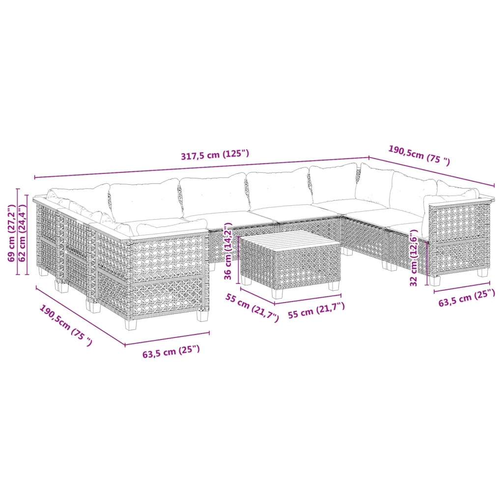 Set Divano da Giardino 10 pz con Cuscini Grigio in Polyrattan 3261987