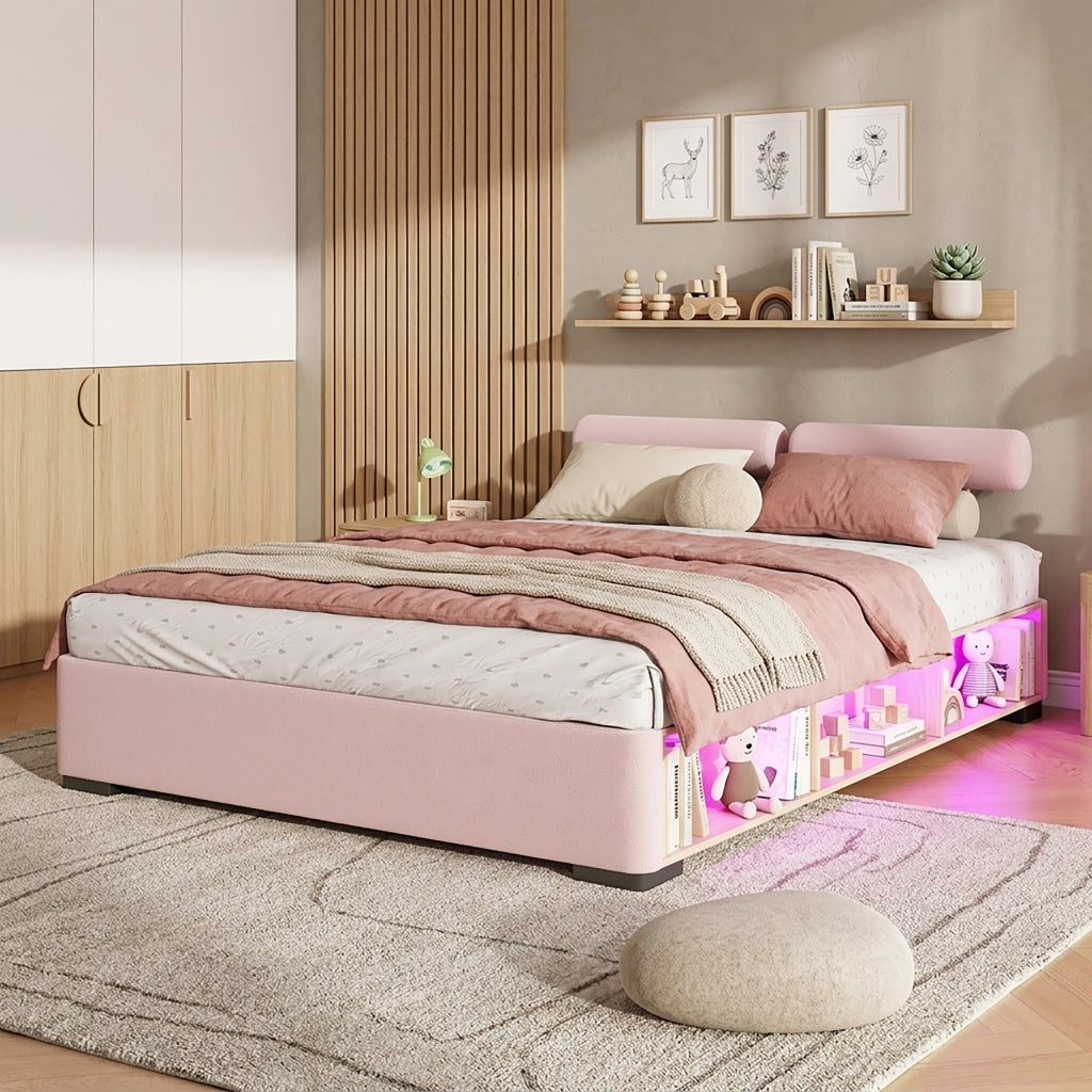 LETTO imbottito con LED e scaffale laterale aperto 140x200 cm velluto rosa