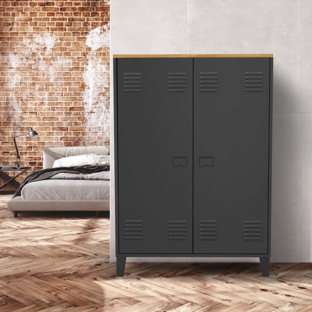 IDMarket - ESTER Armario de 2 puertas de metal negro con tapa de madera de diseño industrial