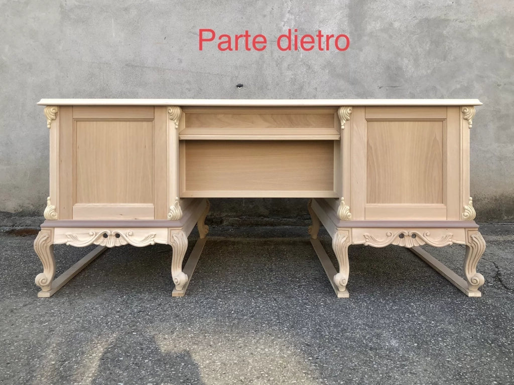 Scrivania 6 cassetti classica barocco legno grezzo 180x87x77 - Mobili 2G