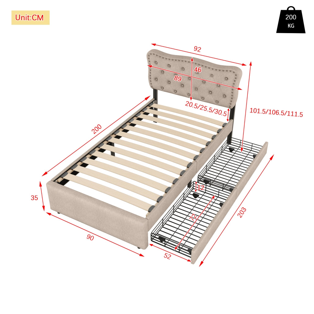 Letto Imbottito con Cassetti ¨C MINIMAL ¨C Beige 90x200