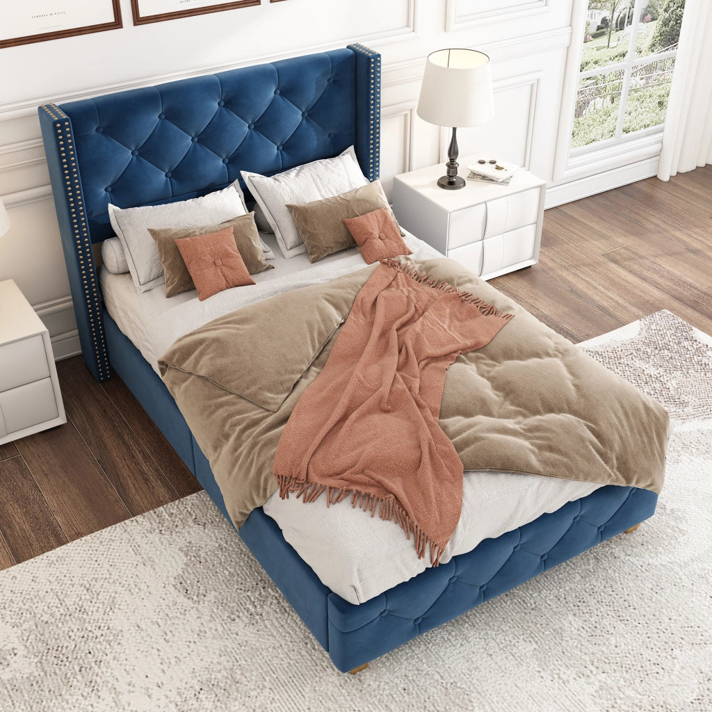LETTO imbottito 90x200 cm in velluto blu con rete a doghe