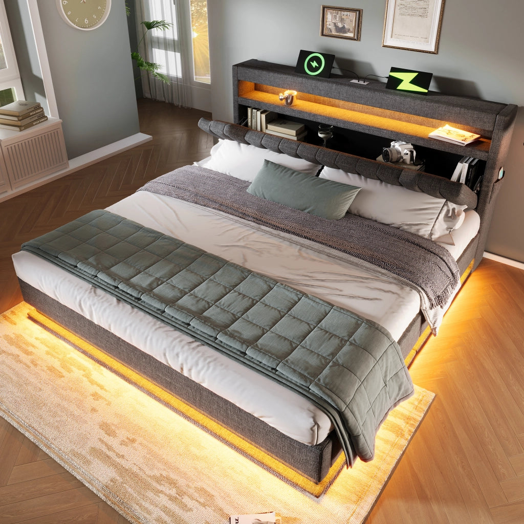 LETTO 160x200 cm in lino grigio con materasso incluso, LED e USB