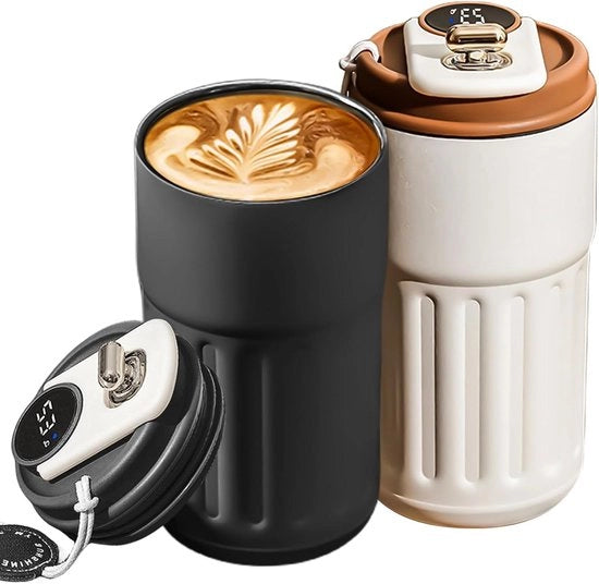 Set di 2 Thermobevande per Caffè al Volo con Display Digitale e Coperchio - Lekvrij - Inox - Bianco e Nero - 470ml