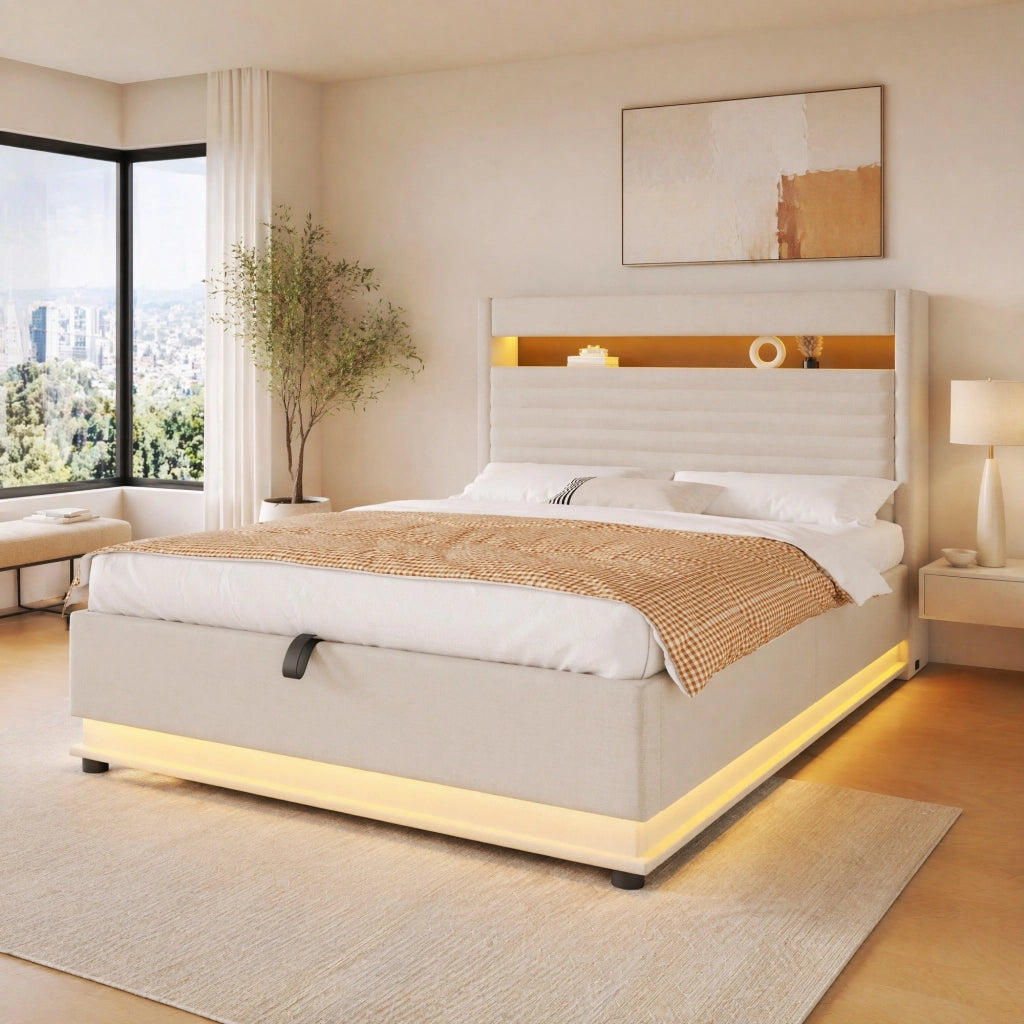 LETTO Contenitore 140x200 cm in lino Beige con LED e USB-C