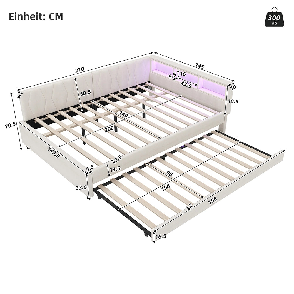 Daybed - Xylo - 140x200 cm LED USB gigogne beige