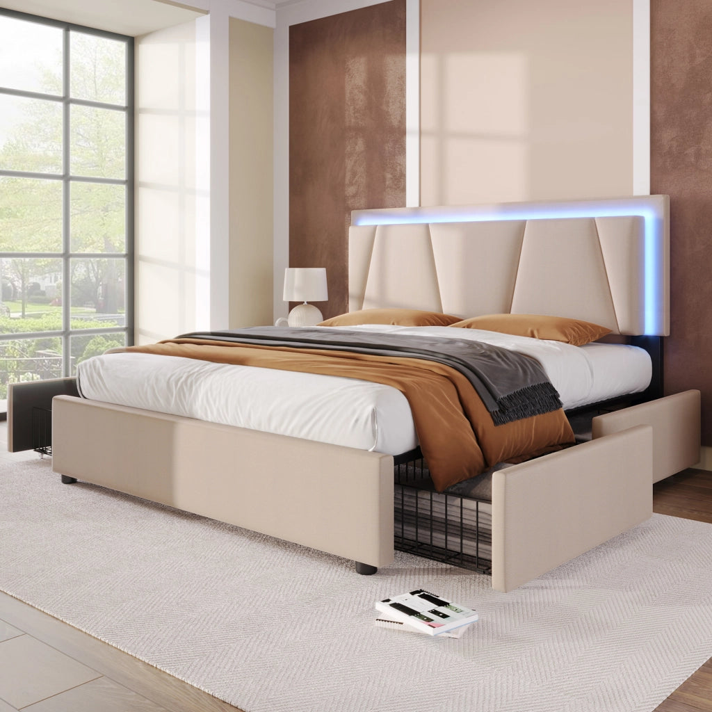 LETTO 160x200 cm con testiera regolabile, LED, 4 cassetti, Beige