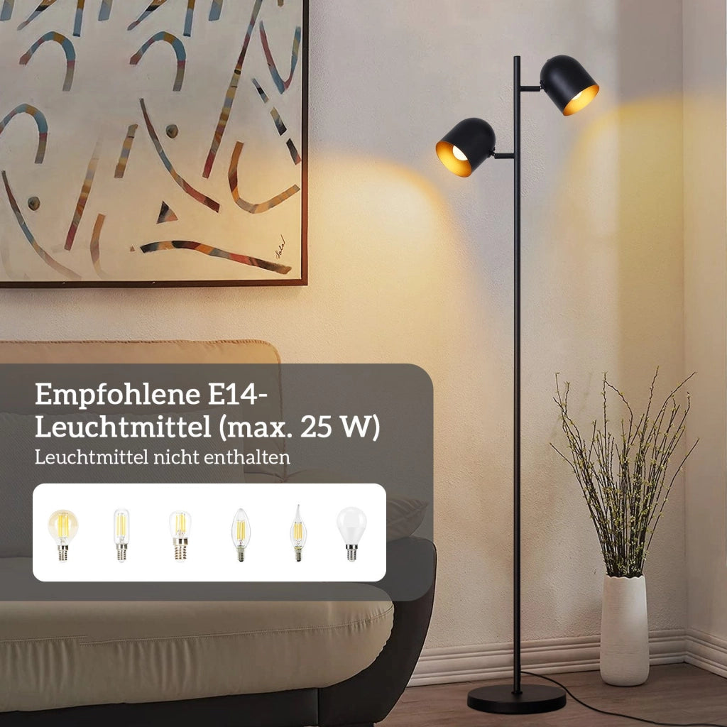 ZMH Lampada da terra nero oro 2 fiamme E14 vintage 145cm