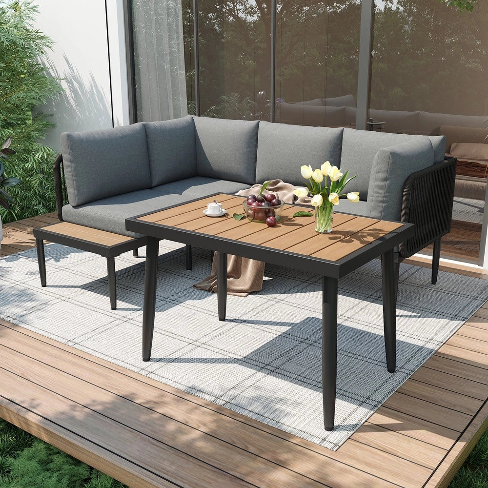 Gruppo da pranzo da giardino angolare - Zephmum- Divano + tavolo, struttura tubolare acciaio zincato, piano tavolo in plastica legno, grigio