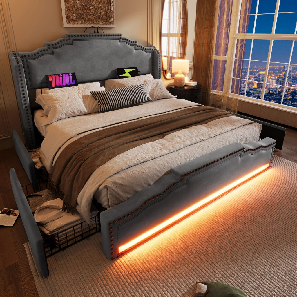 LETTO matrimoniale 180x200 cm con 4 cassetti, LED, USB e Type-C, velluto grigio
