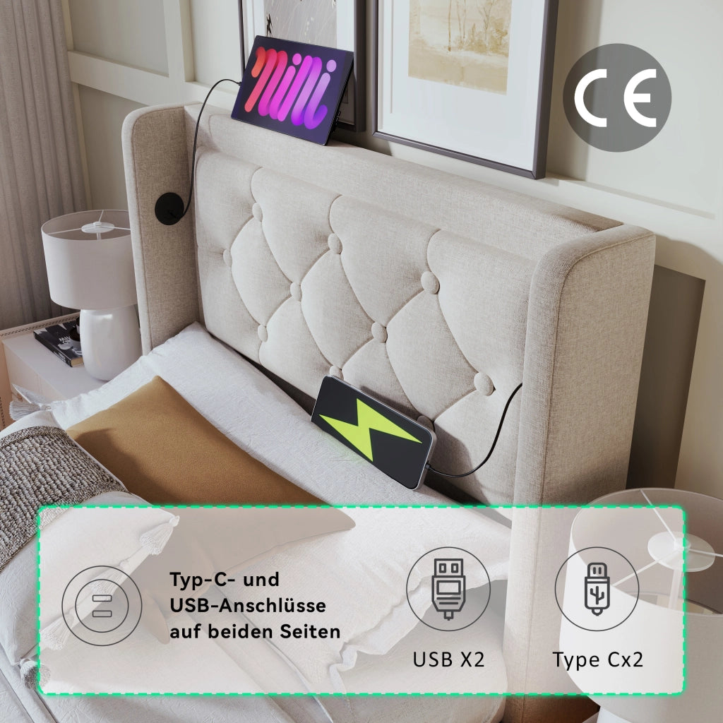 LETTO imbottito 90x200 cm beige in cotone con USB Tipo C, LED e contenitore