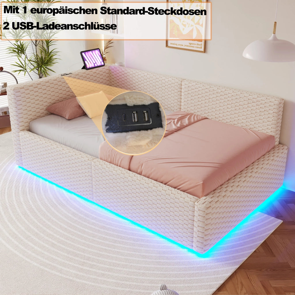 Letto con testata illuminata a led in velluto beige 90x200 cm