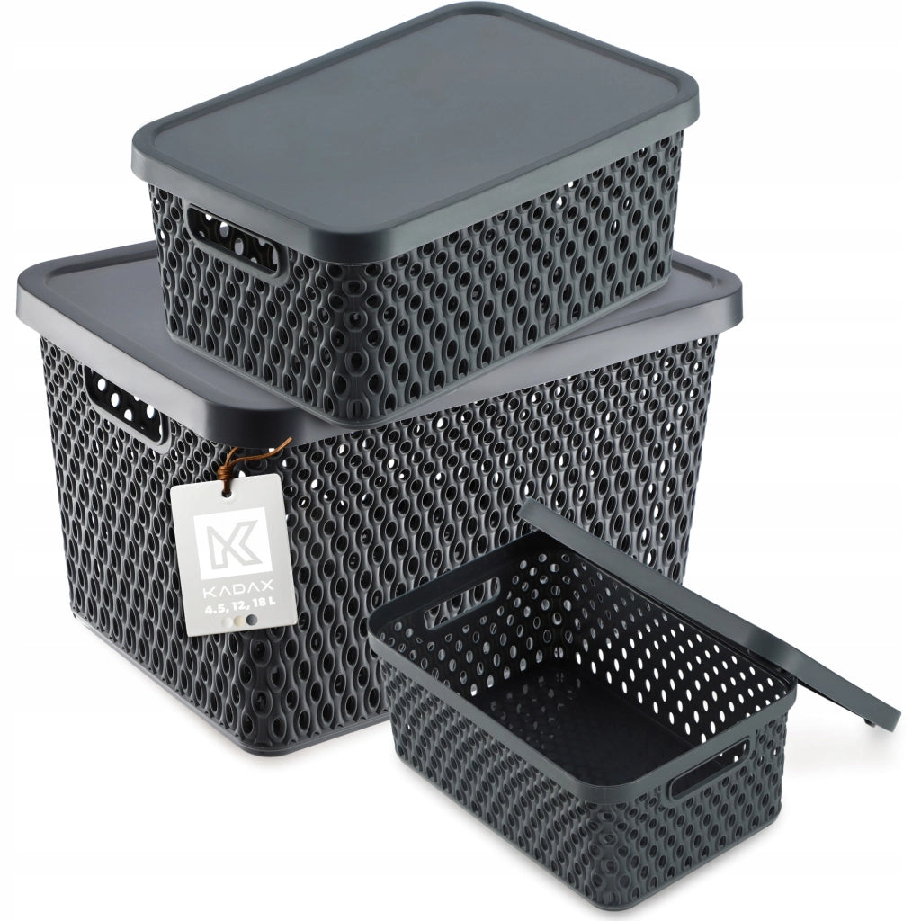 Set di 3 cestini in plastica KADAX con coperchio, colore grigio.