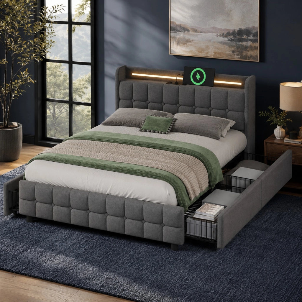 LETTO imbottito 180x200 cm grigio con USB, prese, LED e 4 cassetti