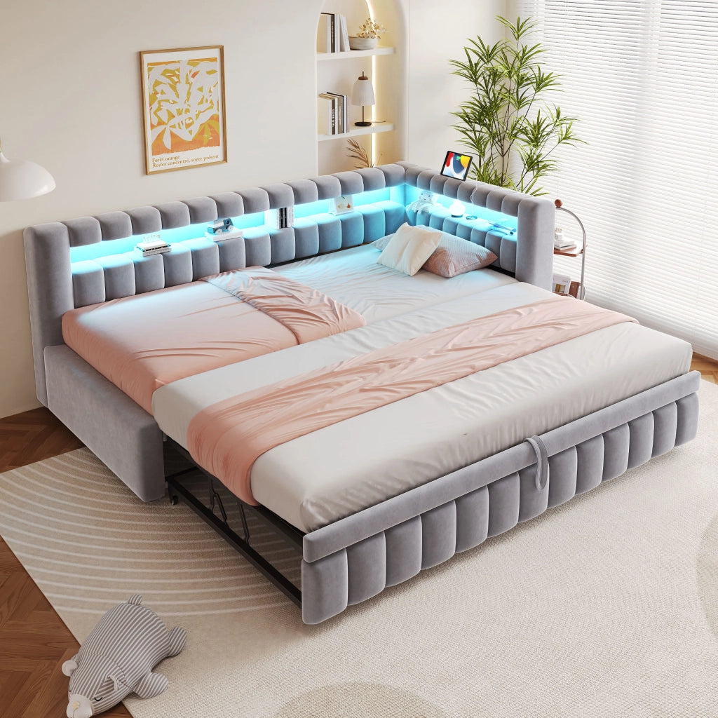 Letto imbottito estraibile 90x200 cm con LED, porte USB e Type-C, velluto grigio chiaro