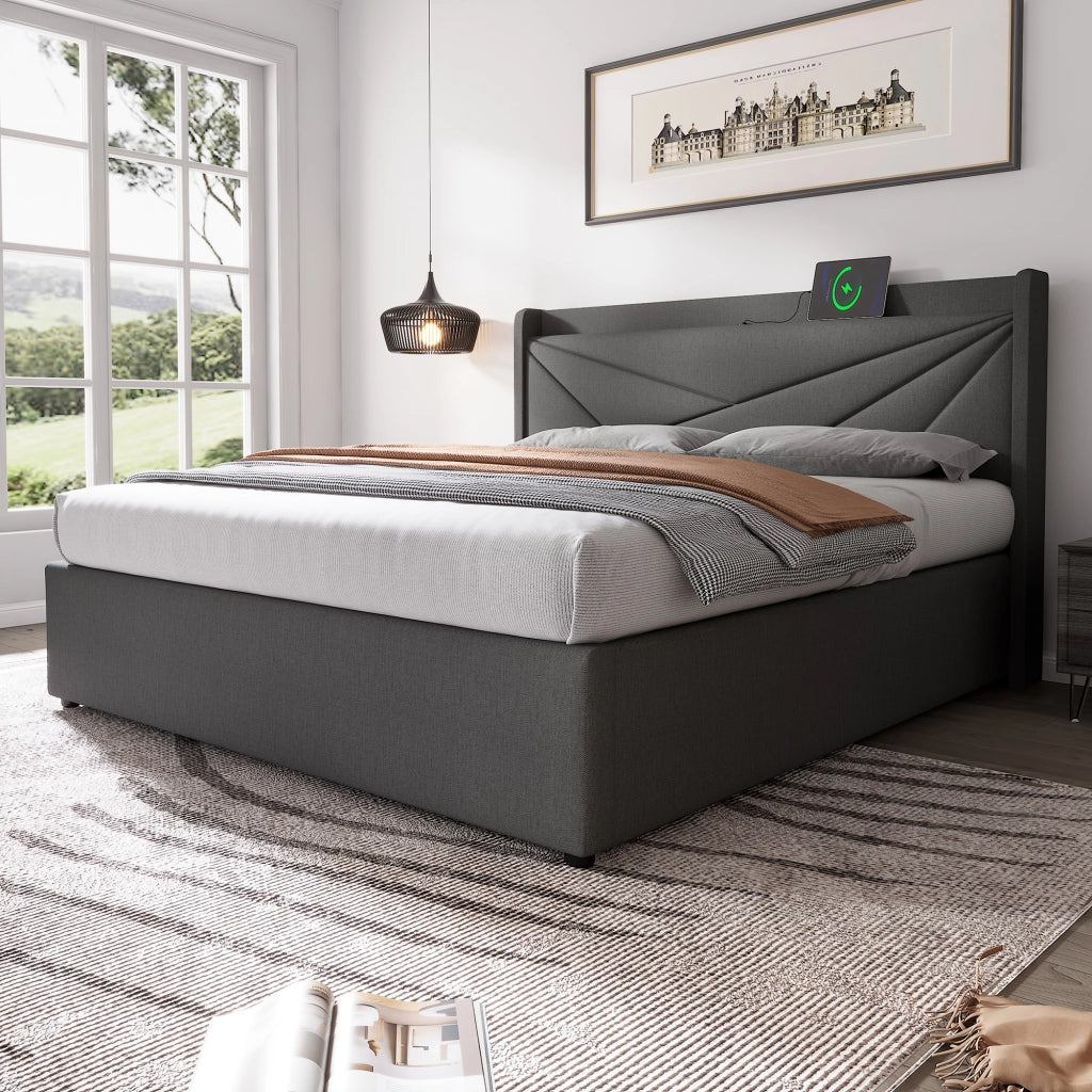 LETTO Contenitore 180x200 cm Grigio in cotone-lino con testiera e USB Type-C