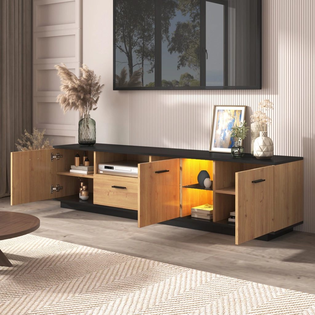 Mobile TV con cassetto e LED - Zephmum- Nero e legno naturale