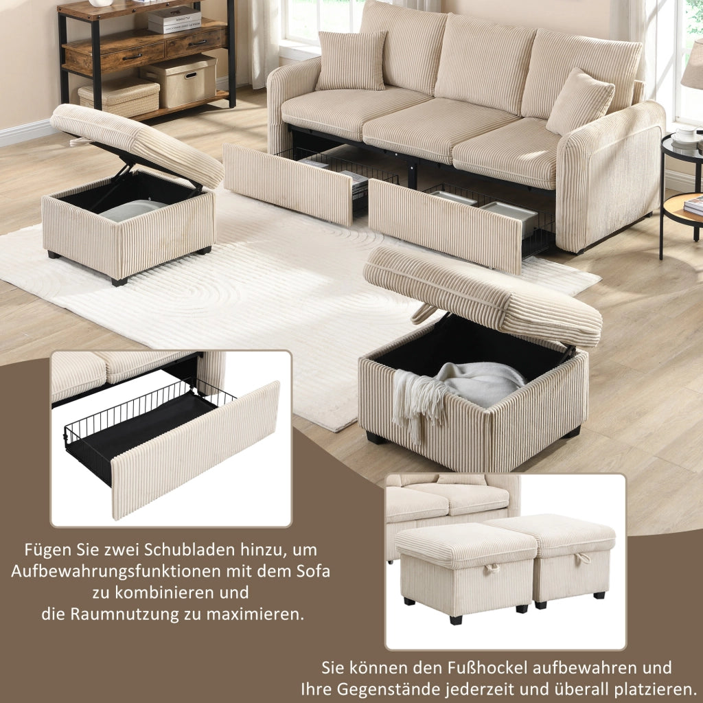 DIVANO 3 posti modulare con 2 pouf contenitore, tessuto corda beige