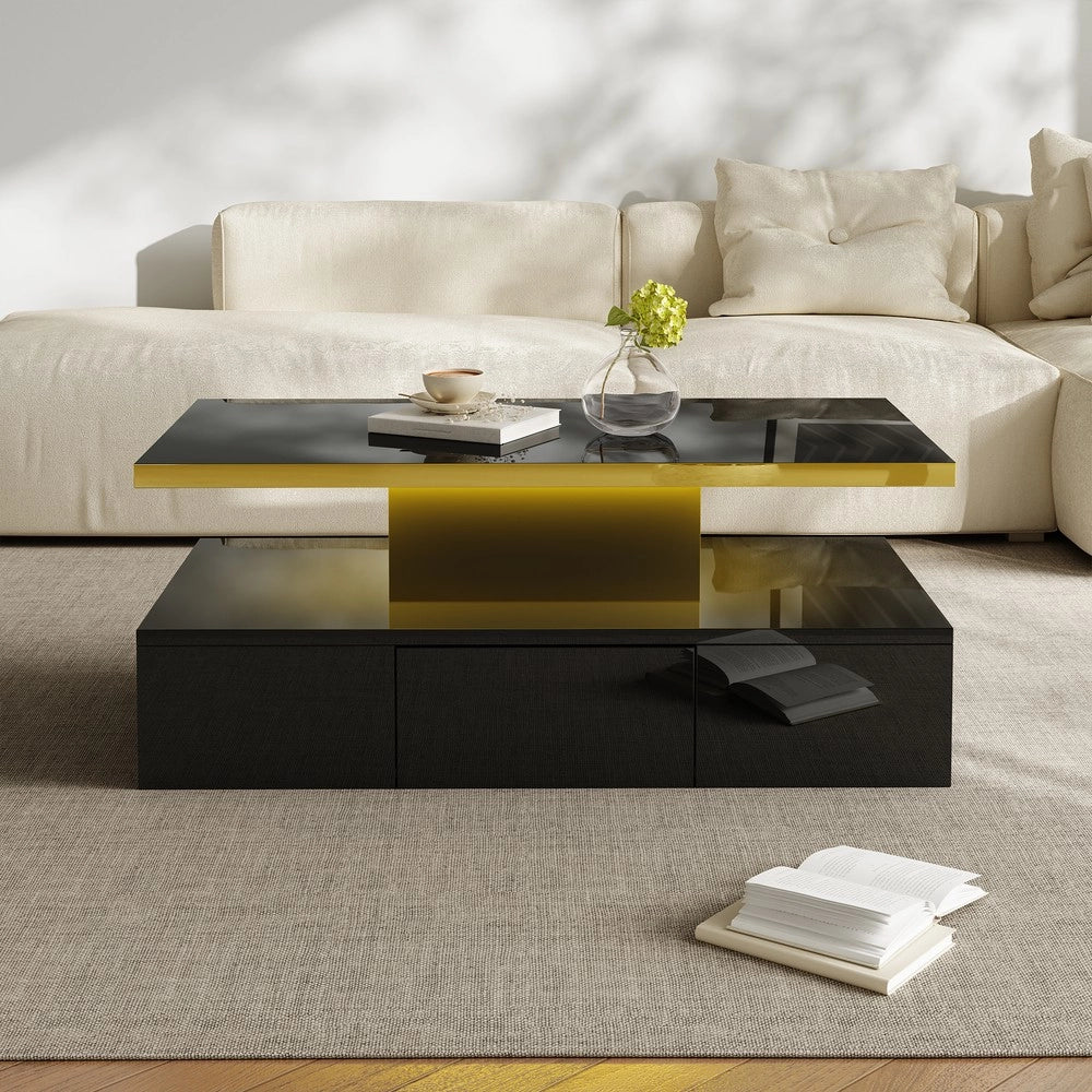 Tavolino da Caff¨¨ con Cassetti e LED ¨C MINIMAL ¨C Nero Lucido, 2 Ripiani