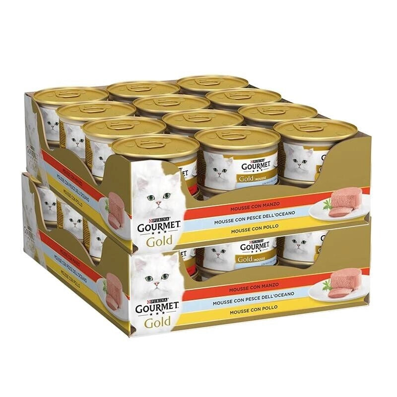 24 GOURMET GOLD GATTO MOUSSE CON MANZO, PESCE DELL'OCEANO E POLLO DA 85 GR