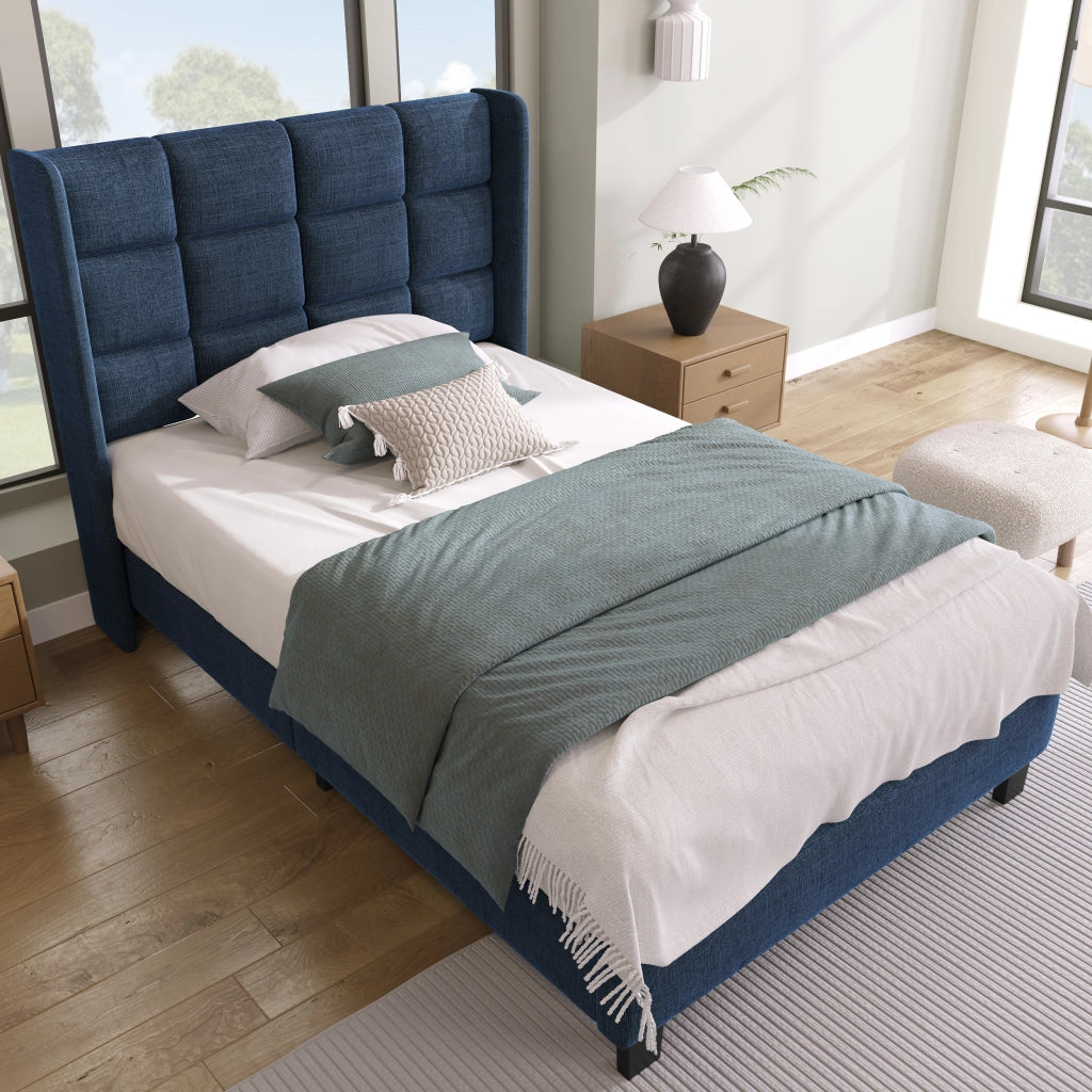 LETTO Imbottito 90x200 cm in lino blu con rete a doghe