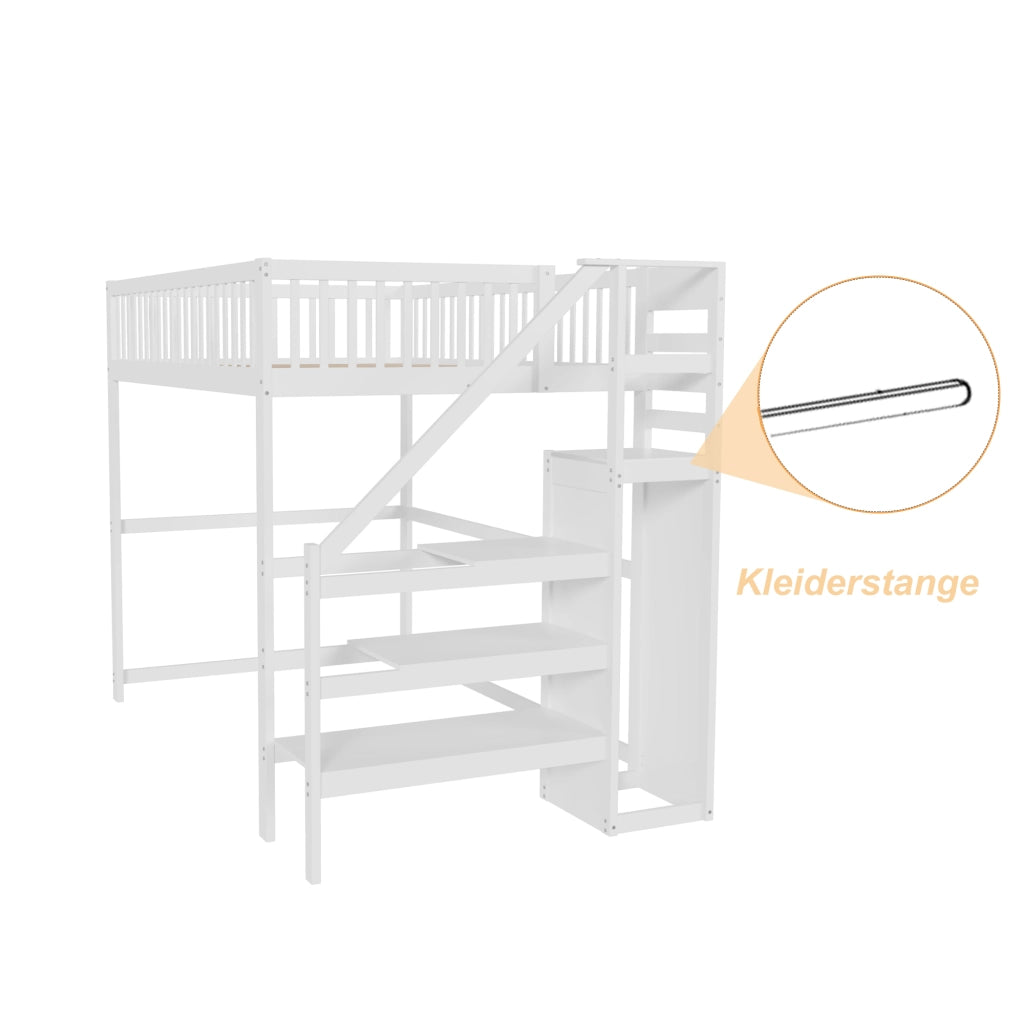 Letto a soppalco 140x200 con scala - Zephmum - Bianco, scaffale di stoccaggio, armadio semplice