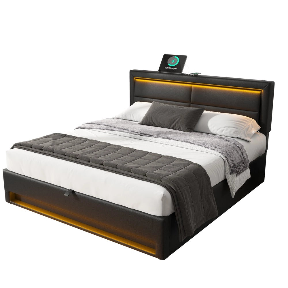 Letto Imbottito con LED e Contenitore ¨C MINIMAL ¨C 140x200, USB, Similpelle Nera