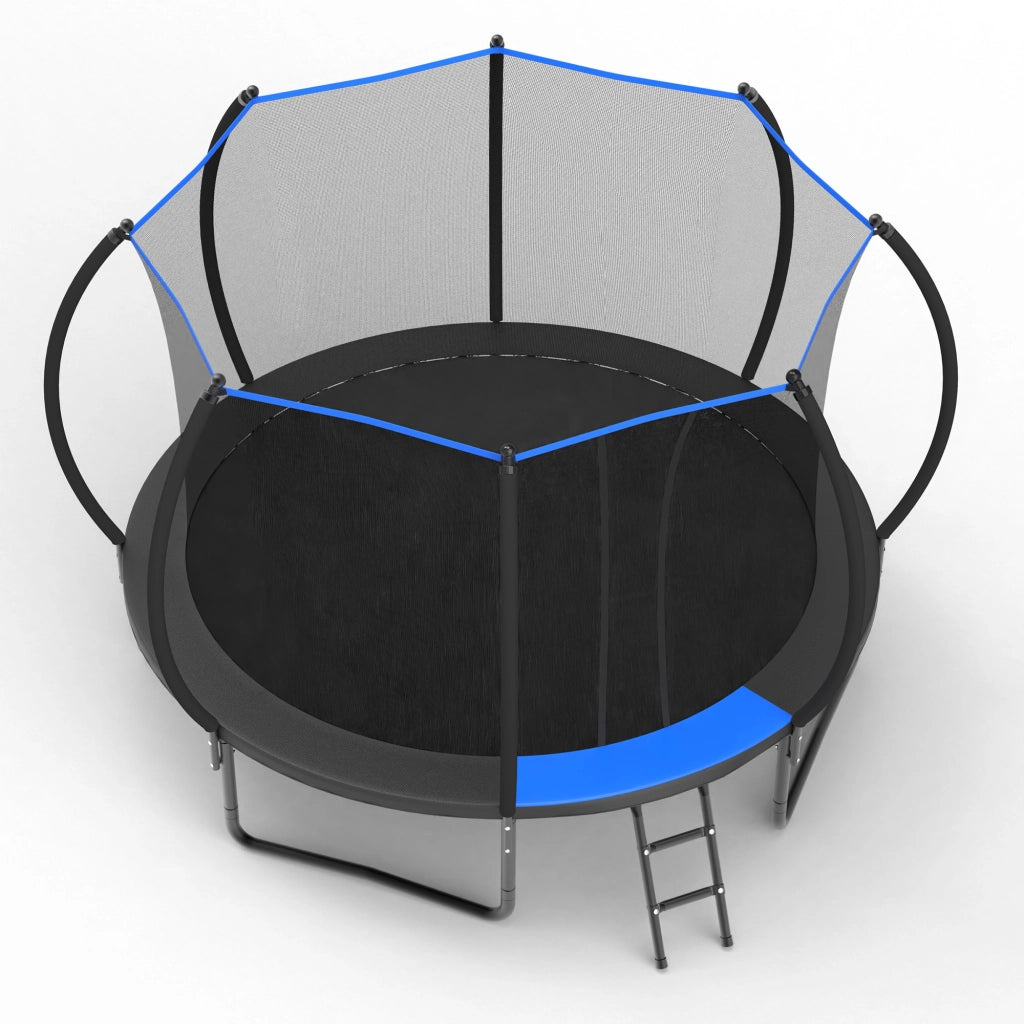 Trampolino rotondo 366 cm con rete di sicurezza e scala, per esterno, in acciaio, nero e blu