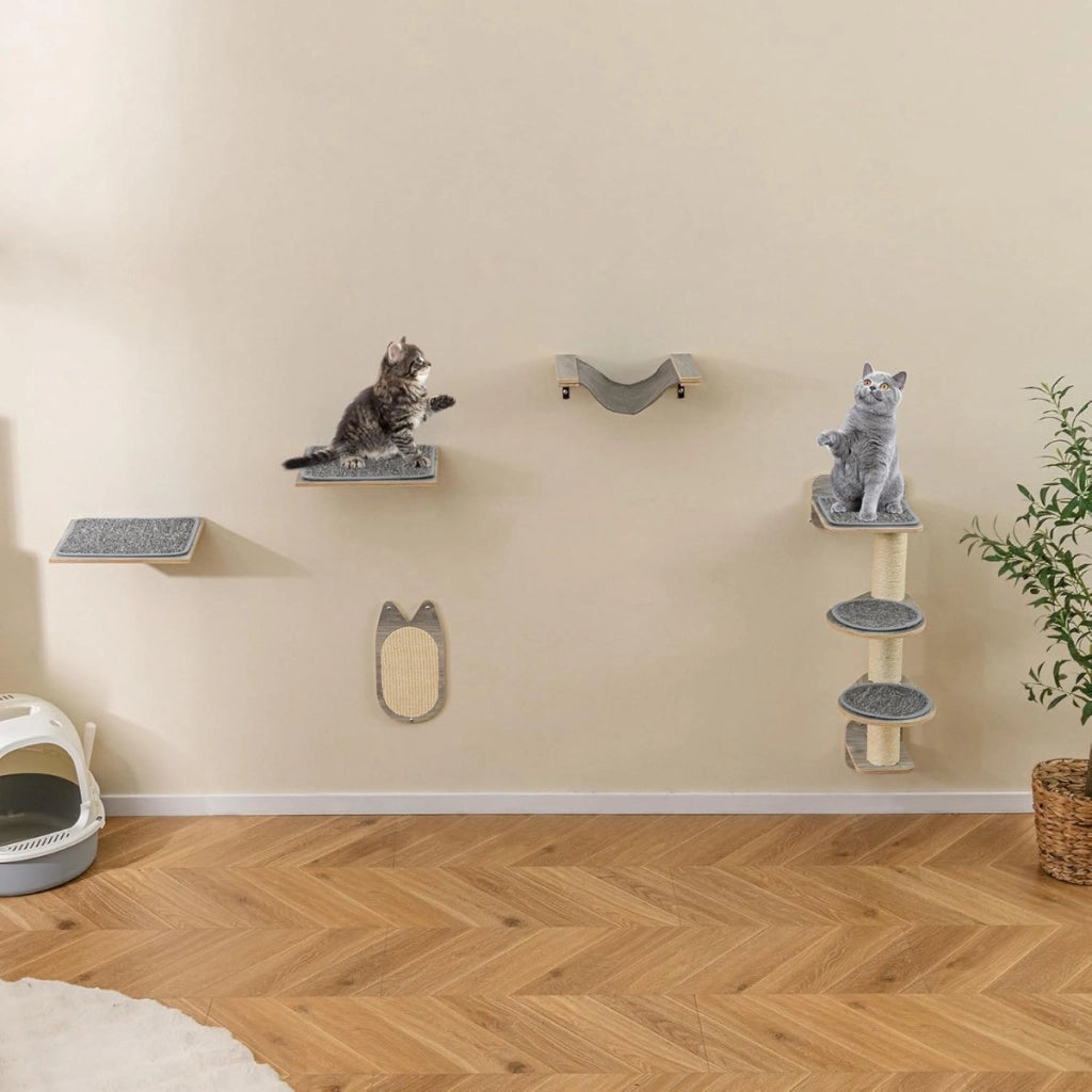 Set di torre per gatti a muro salvaspazio e centro attivit¨¤ per gatti e gattini, Mobili per gatti con 4 livelli Grigio