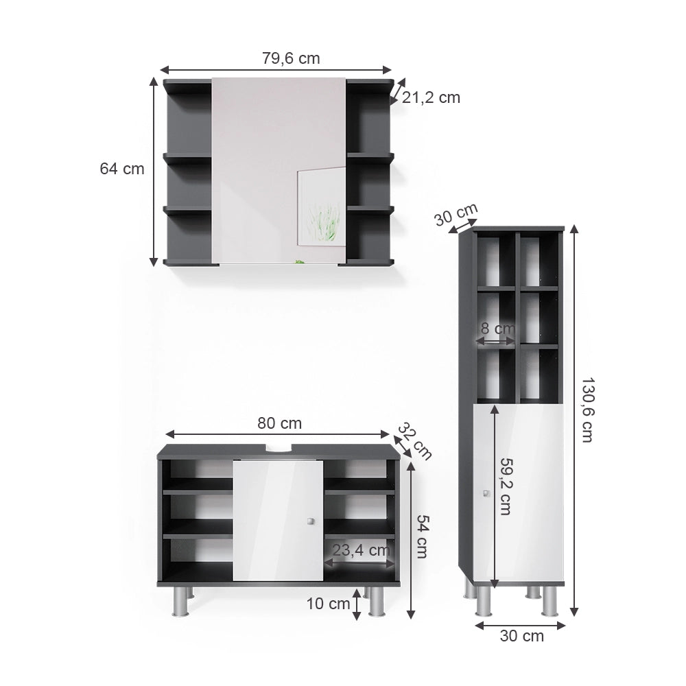 Vicco Set mobili bagno Antracite 3 parti, con colonna