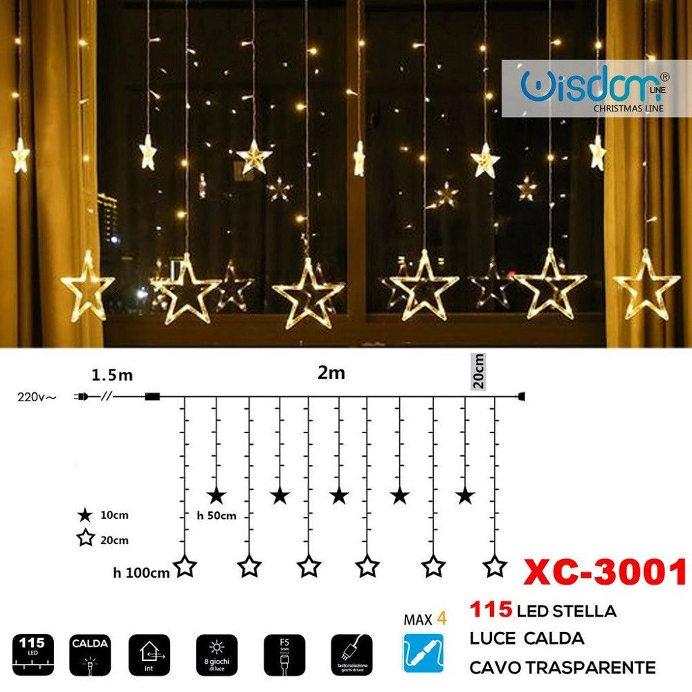 Trade Shop - Tenda Luminosa Natalizia 115 Led Con Stelle Luce Calda Cavo Trasparente Xc-3001 -