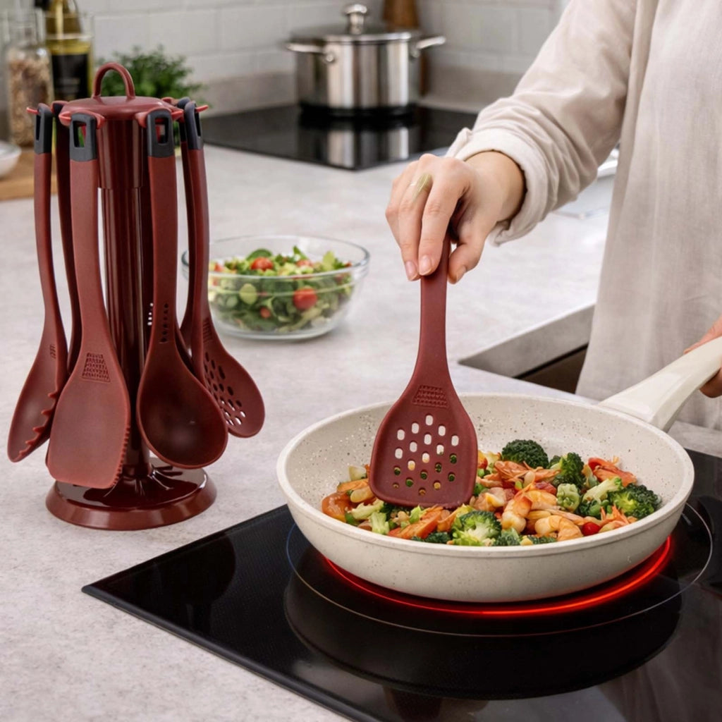 Set di Utensili da Cucina 6 Pezzi in Silicone Resistente con Supporto Bordeaux Cheffinger