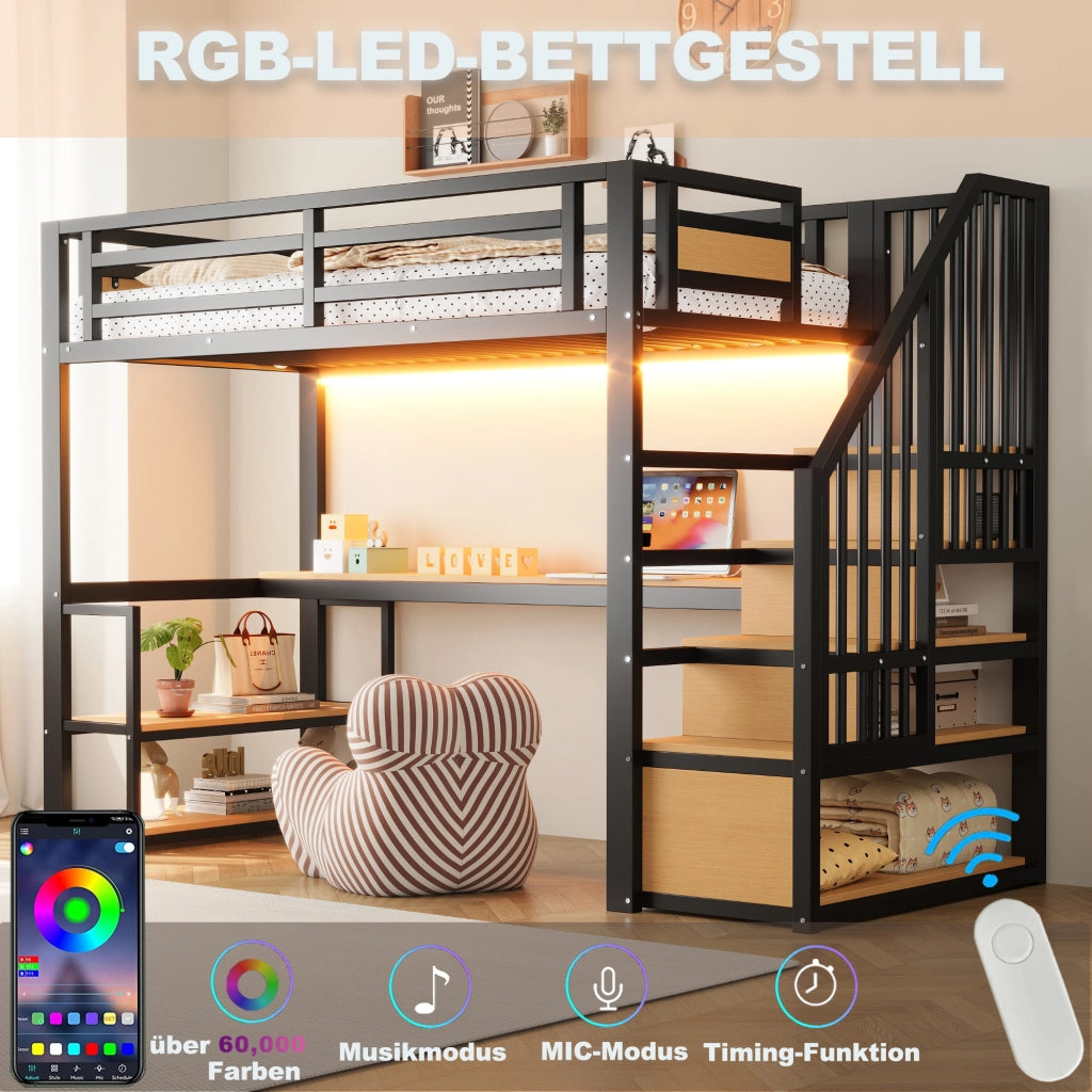 LETTO a soppalco 90x200 cm con scrivania e scaffali Metallo Nero