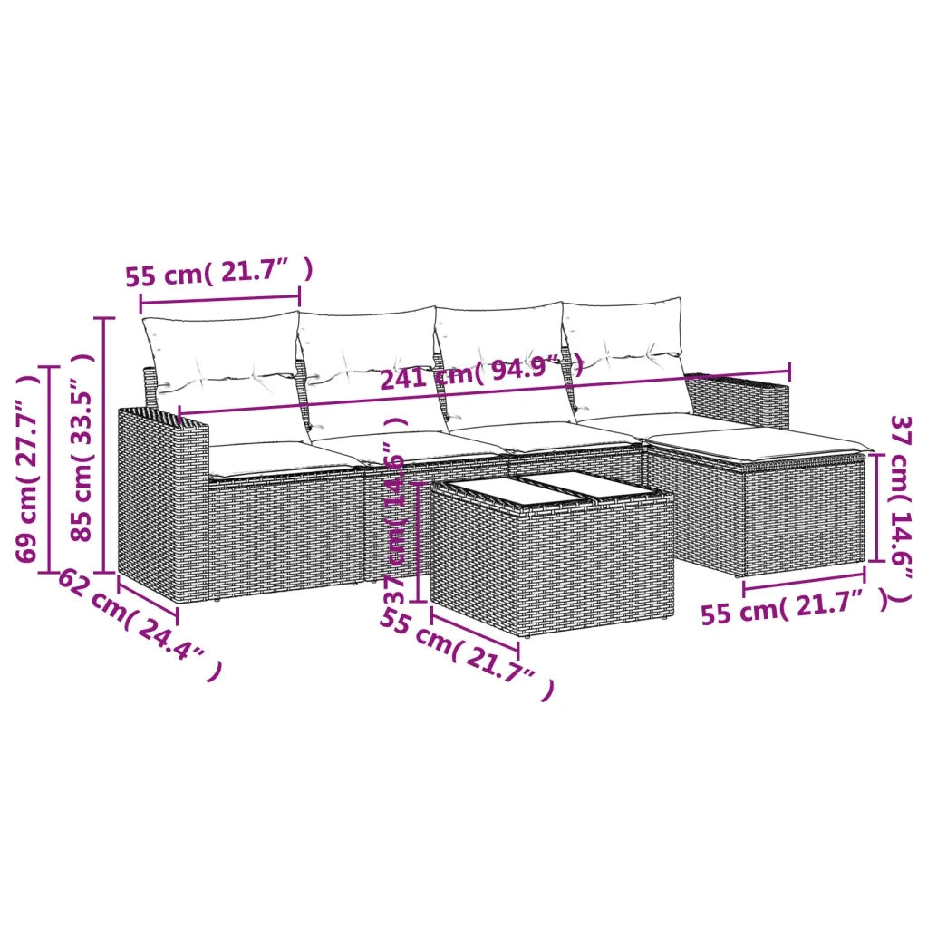 Set Divano da Giardino 6 pz con Cuscini-Sofa da Giardino-Divanetto da esterno Nero in Polyrattan 372398