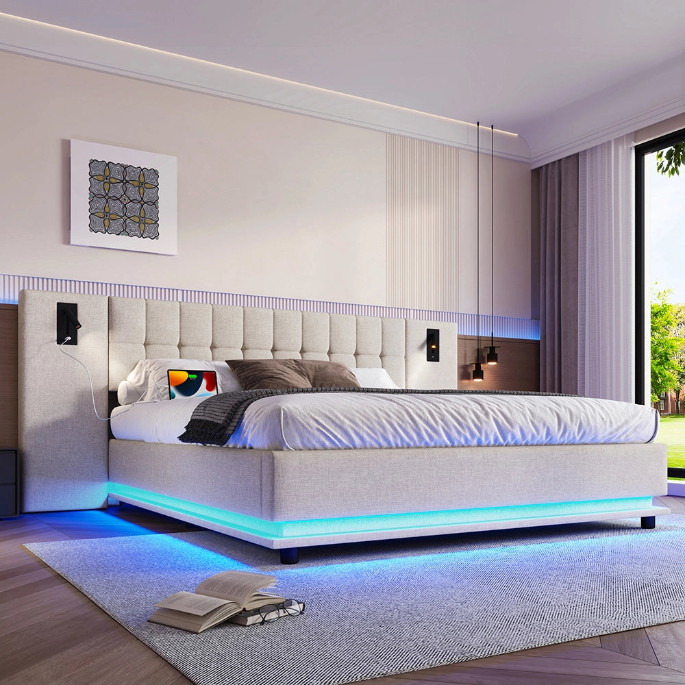 Letto-Xylo-180x200 cm-LED, spot, USB, lino beige