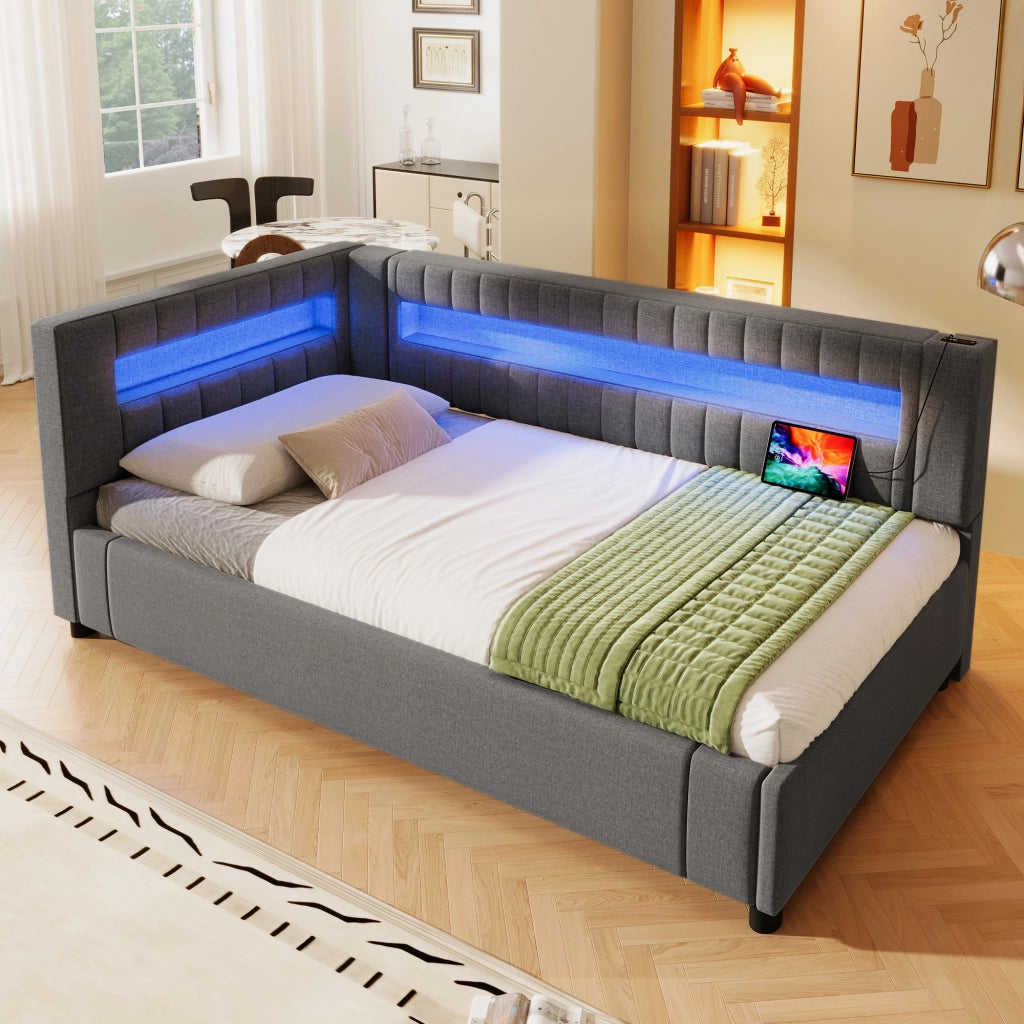 LETTO Contenitore 90x200 cm in lino grigio con LED e USB