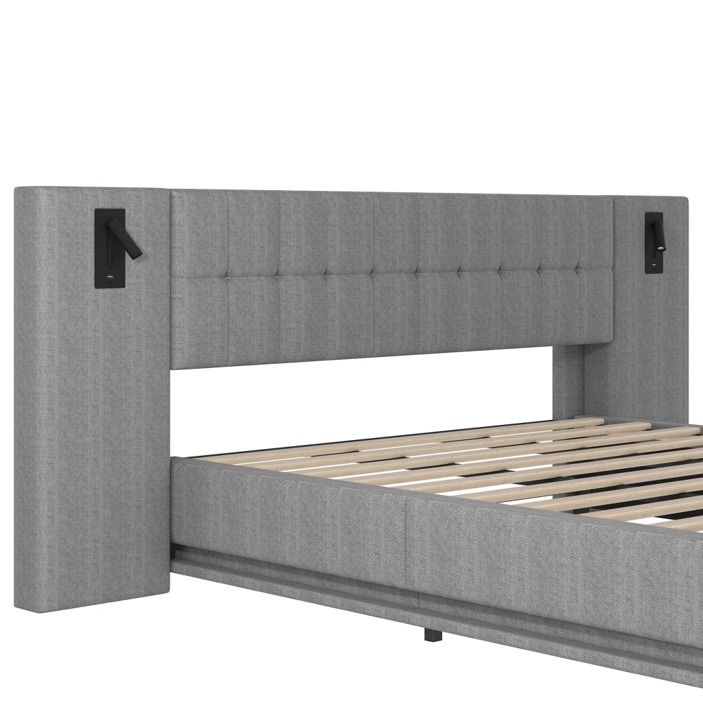 LETTO Imbottito 180x200 cm Grigio con LED, USB e spot, senza materasso