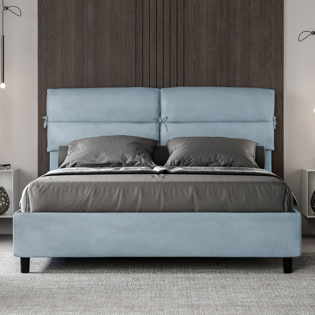 BS COM Letto matrimoniale contenitore imbottito 160x200 microfibra azzurro