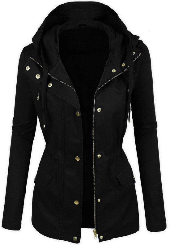 Parka da donna con chiusura a cerniera e a bottone, trenchcoat casual nero taglia 38