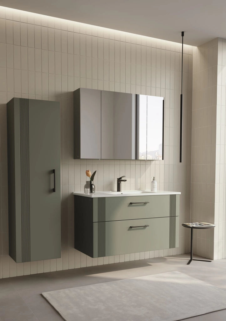 Mobile da bagno con specchio "Bari 100" - 97 x 16 x 66 cm - Verde opaco