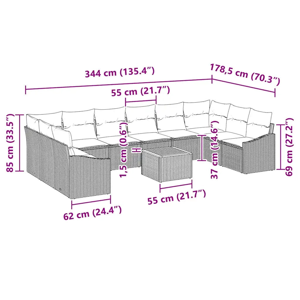 Set Divano da Giardino con cuscino 11 pcs Nero polyrattan 3347884