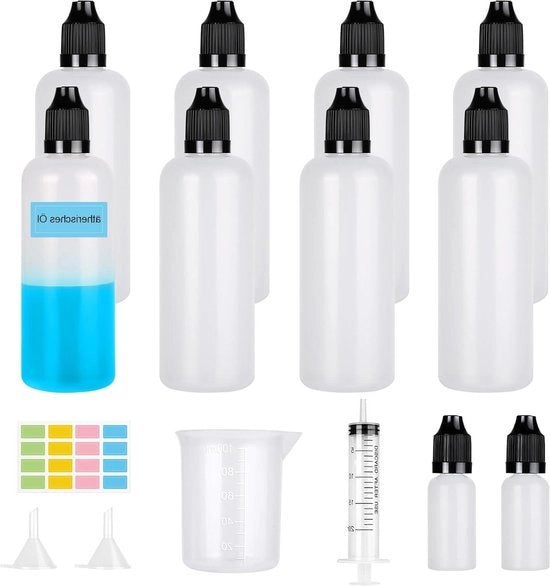 Set di 8 flaconi di plastica per gocce da 100 ml con flaconcini per gocce da 20 ml e cucchiaio da spolvero.
