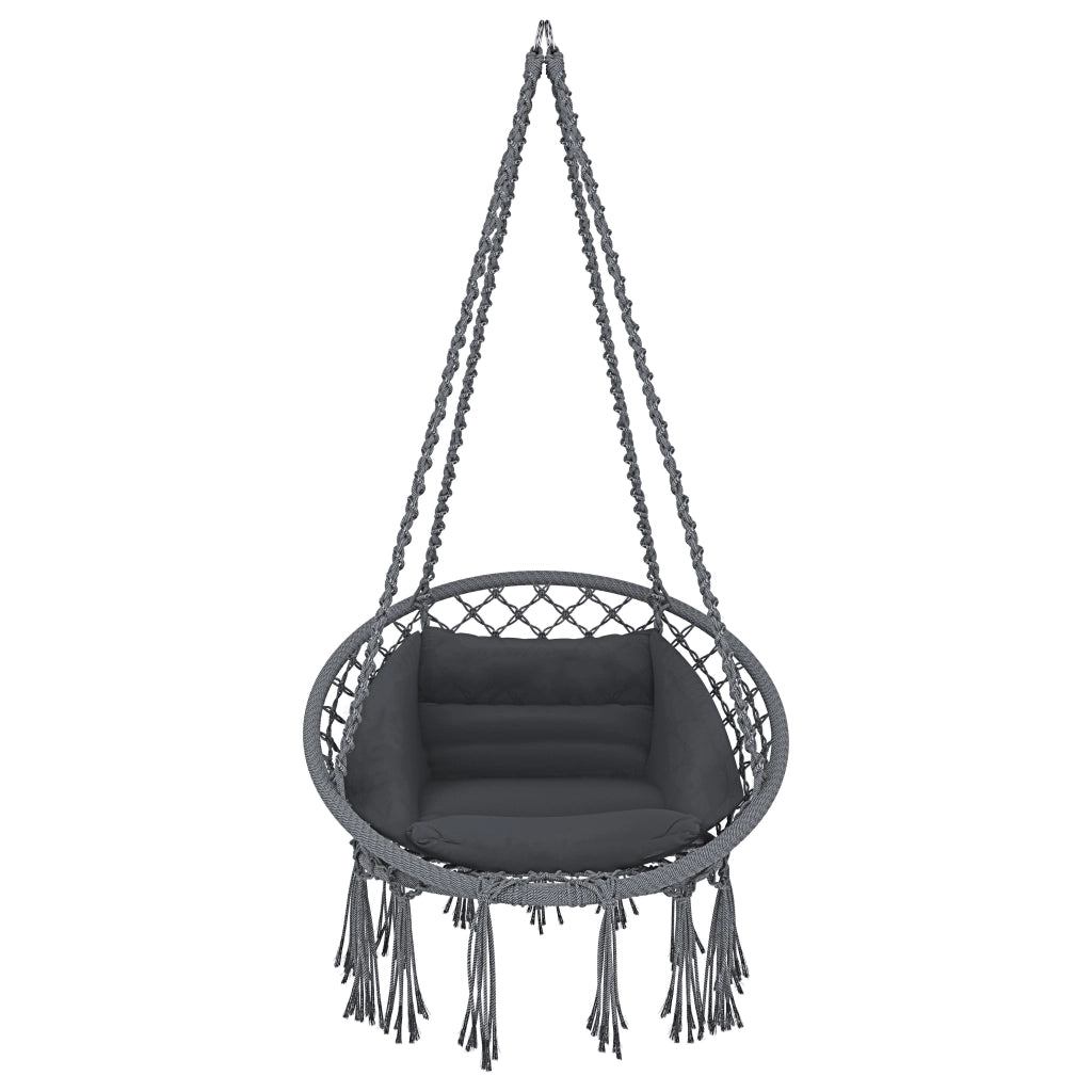 Poltrona Sospesa Pensile Da Giardino Con Corda In Cotone Effetto Macramè E Struttura In Acciaio Cuscino Sedia Dondolo Amaca Con Seduta Imbottita Esterno Terrazzo Design Moderno Fino A 160 Kg Grigio