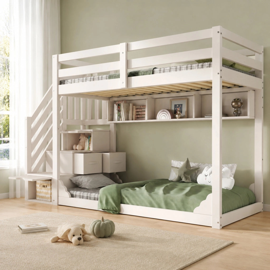 Letto a castello per bambini con scala contenitore e spazio salvaspazio