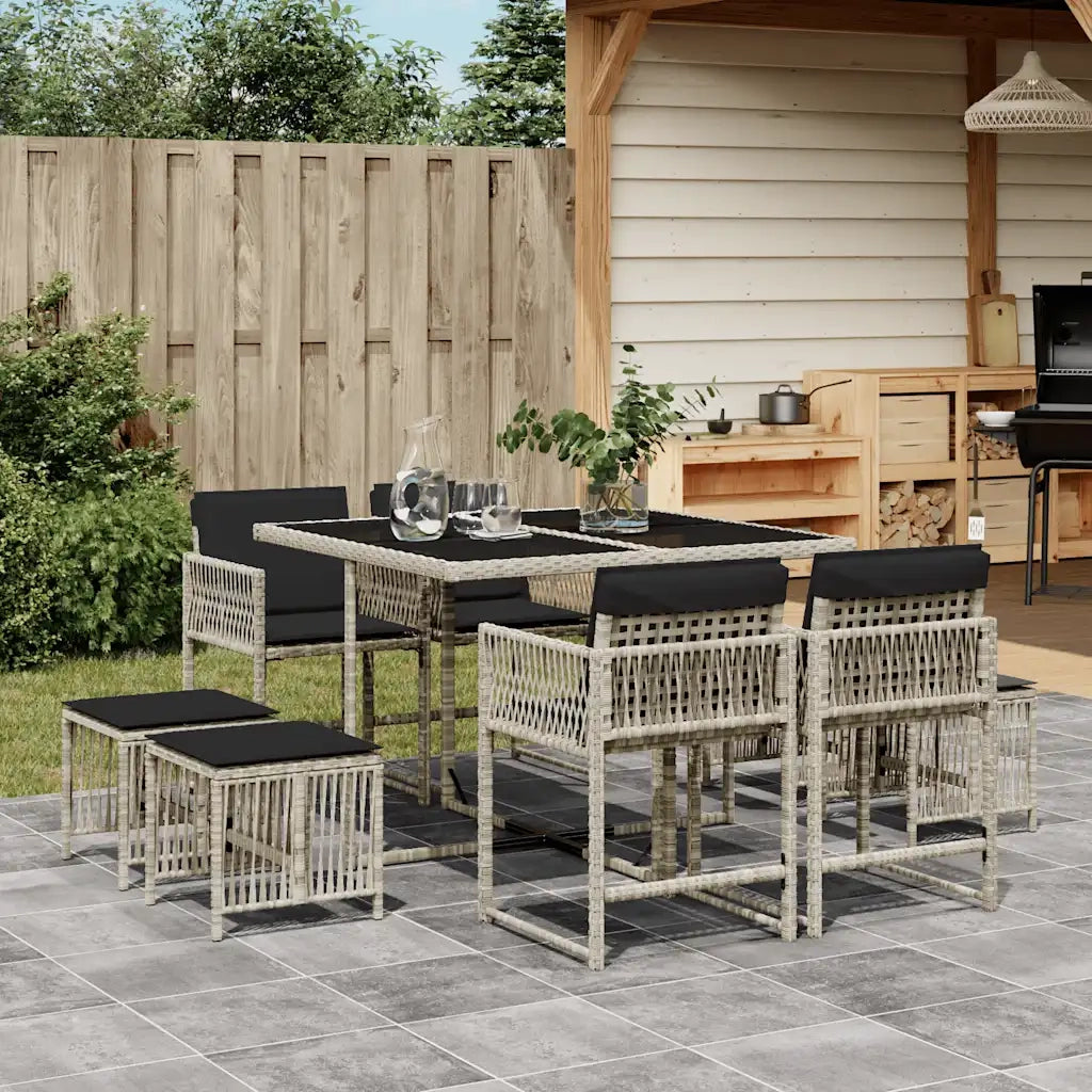 Set Pranzo da Giardino 9pz con Cuscini Grigio Chiaro Polyrattan