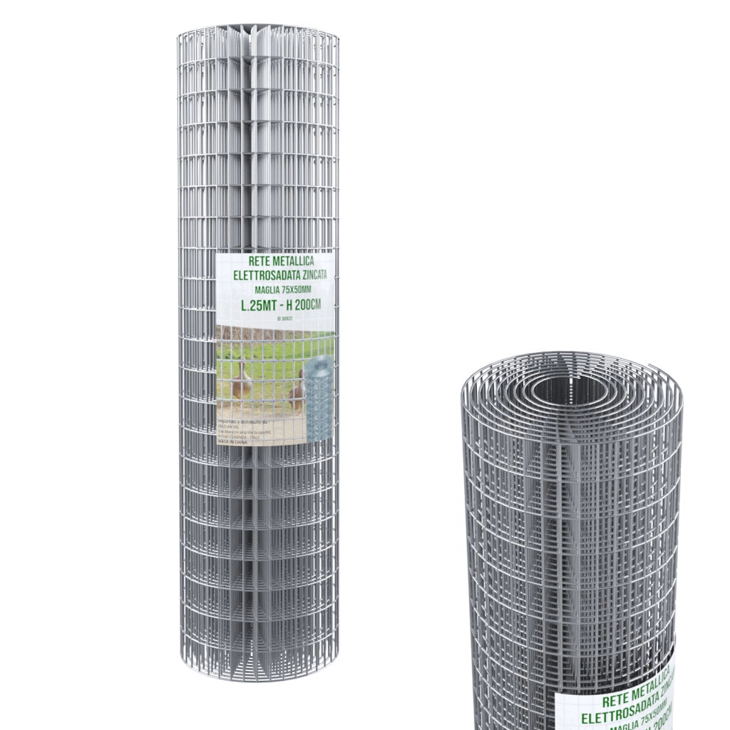 Rotolo Rete Metallica Per Recinzioni 25 M Zincata Elettrosaldata Rigida Maglia 75 x 50 mm Per Giardino Orto Piante Spazi Esterni 200 Cm